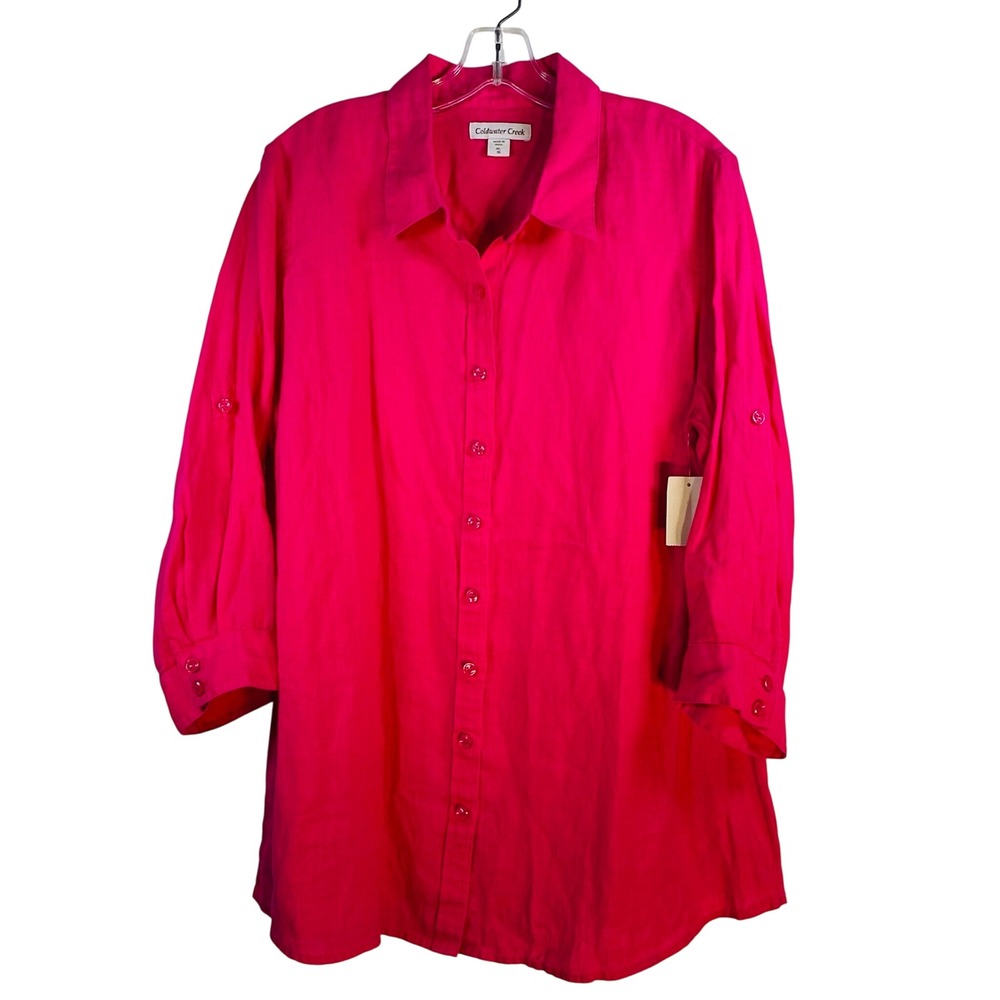 Coldwater Creek Roll Tab Linen Tunic Pink Button Front Shirt XL
